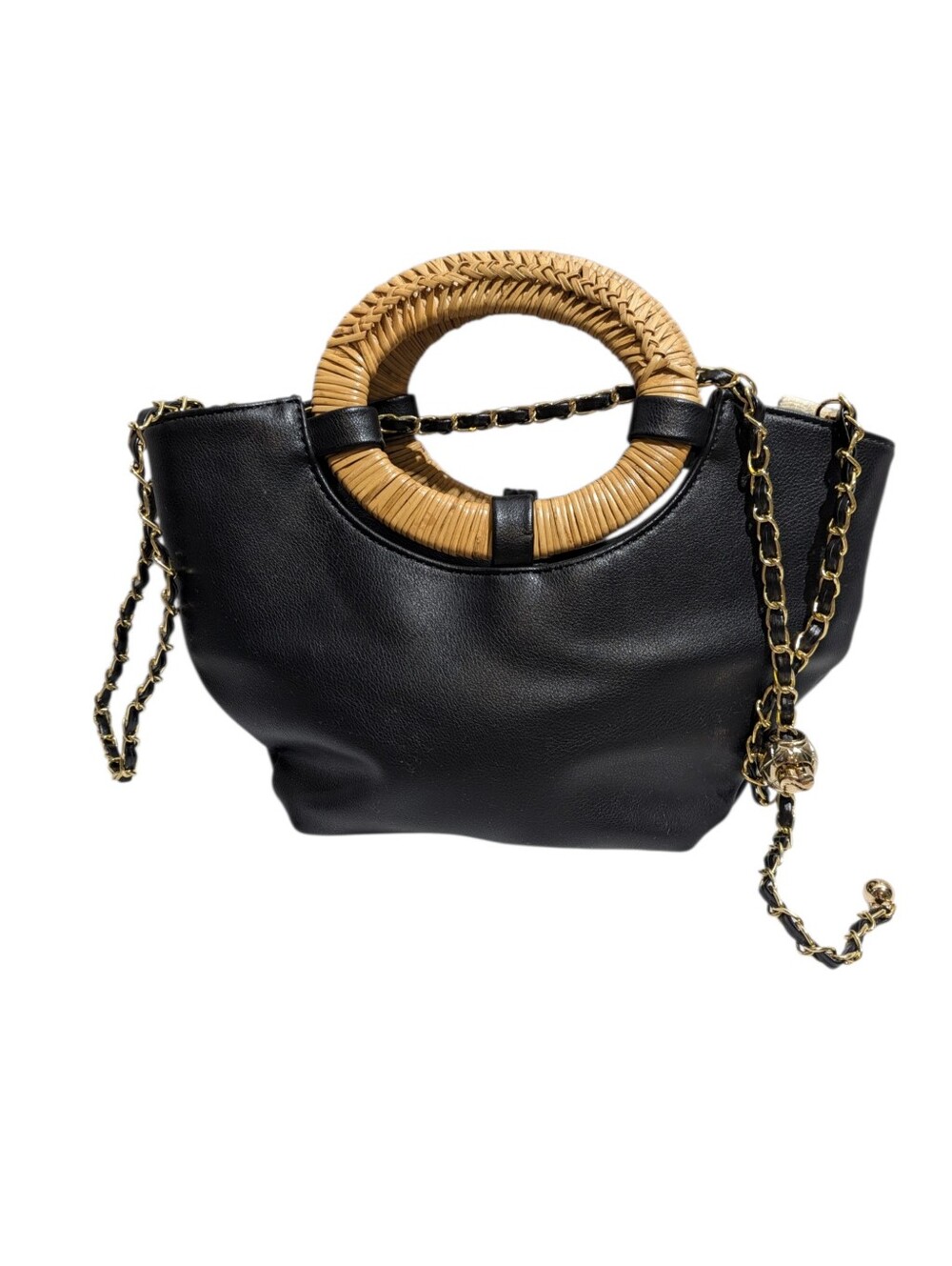 Anthropologie Black Rattan Ring Handle Bag Gold Chain Crossbody Boho